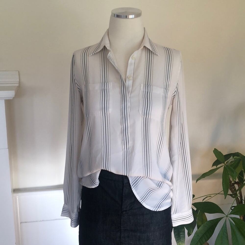 Ann Taylor LOFT Long Striped Blouse Tunic Top Black Cream Vertical Stripe XXSP